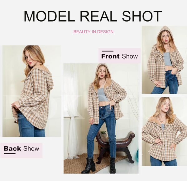 Dokotoo Womens Plaid Shacket Jacket Long Sleeve Button Down Fleece Hooded Jackets Warm Coat - Image 4