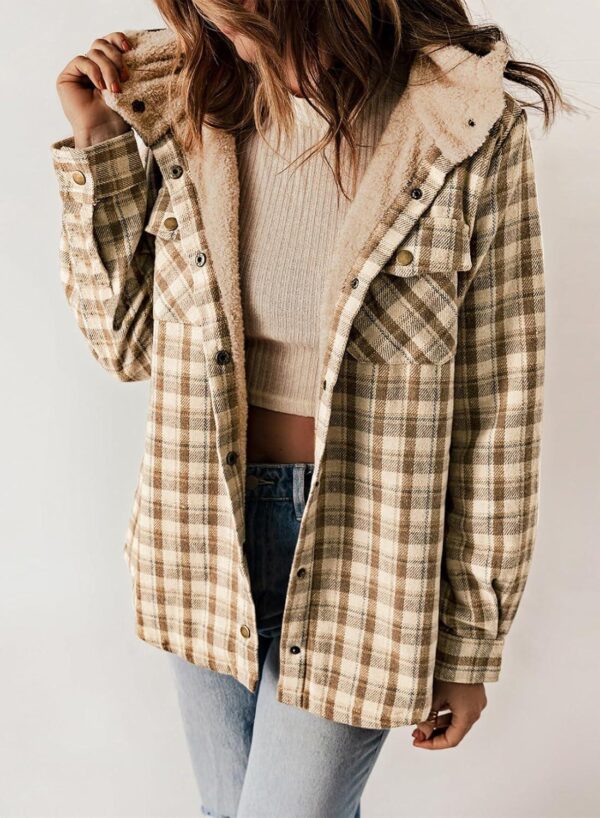 Dokotoo Womens Plaid Shacket Jacket Long Sleeve Button Down Fleece Hooded Jackets Warm Coat - Image 2
