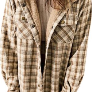 Dokotoo Womens Plaid Shacket Jacket Long Sleeve Button Down Fleece Hooded Jackets Warm Coat