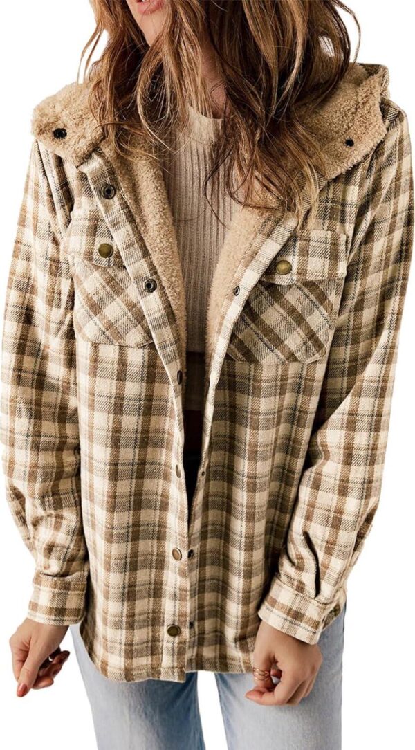 Dokotoo Womens Plaid Shacket Jacket Long Sleeve Button Down Fleece Hooded Jackets Warm Coat
