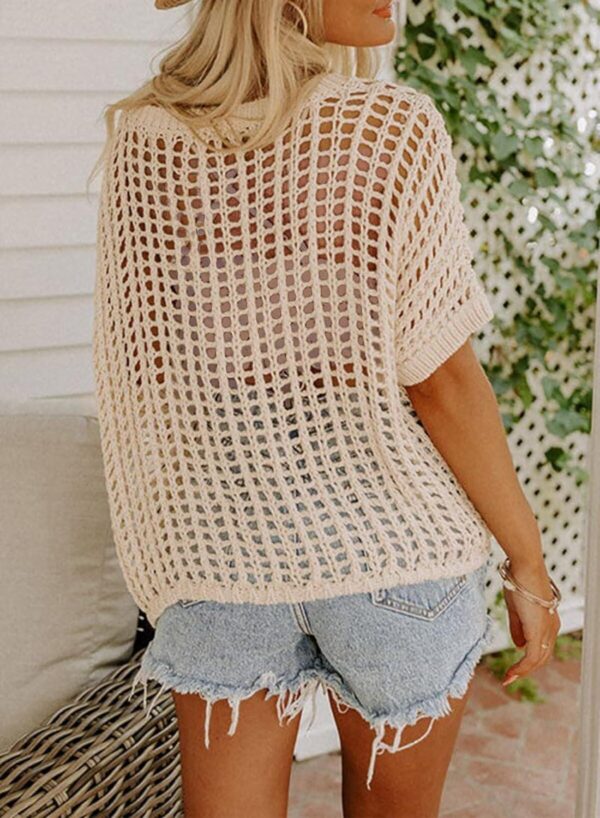 Dokotoo Womens Summer Scoop Neck Short Sleeve Sweater Casual Crochet Hollow Out Knit Tops Pullover Shirts Beach Coverup - Image 2