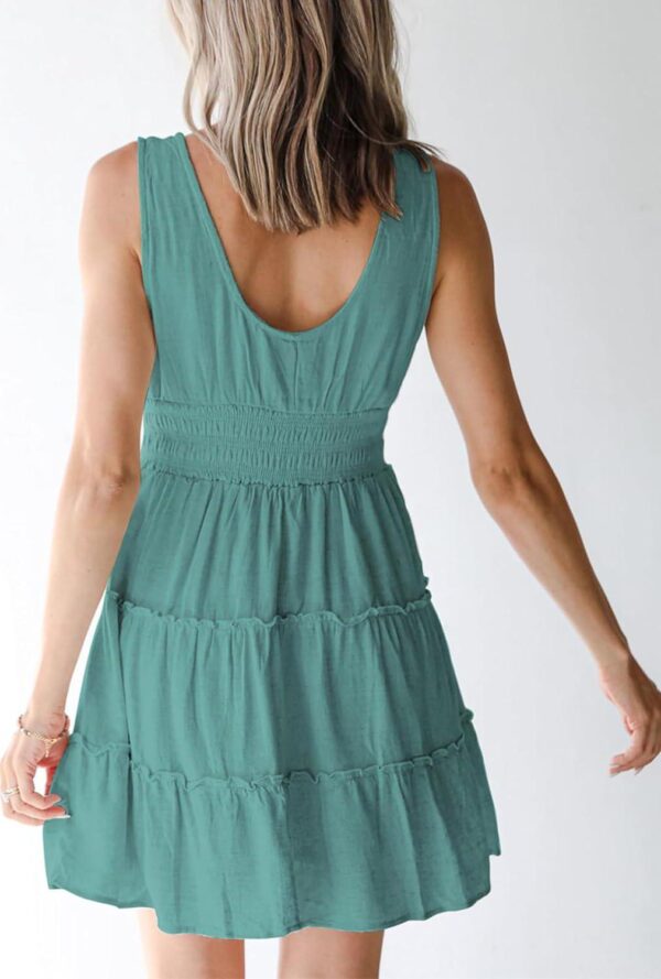 Dokotoo Womens Summer Dresses 2024 Sleeveless Button Down Smocked Elastic Waist Ruffle Tiered Casual Swing Mini Dress - Image 2