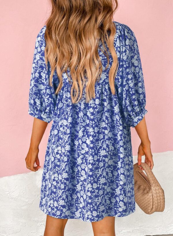 Dokotoo Womens Summer Dresses 2024 Boho Floral Drawstring V Neck Chiffon Lantern Sleeve Casual Beach Mini Dress Sundress - Image 2