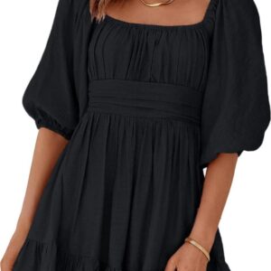 Dokotoo Womens Summer Dresses Square Neck Tie Back Lantern Sleeve Ruffle A-Line Casual Dress