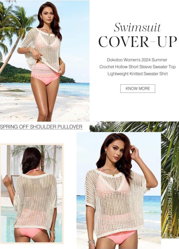 Dokotoo Womens Summer Scoop Neck Short Sleeve Sweater Casual Crochet Hollow Out Knit Tops Pullover Shirts Beach Coverup - Image 5