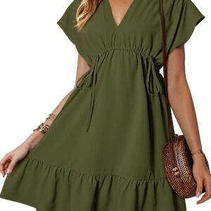 Dokotoo Womens Summer Dresses 2024 Short Sleeve V Neck Drawstring Casual Ruffle A-Line Swing Mini Babydoll Dress