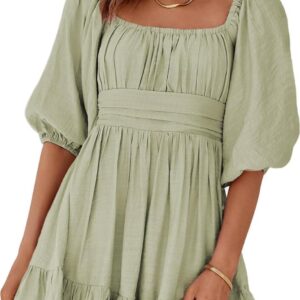 Dokotoo Womens Summer Dresses Square Neck Tie Back Lantern Sleeve Ruffle A-Line Casual Dress