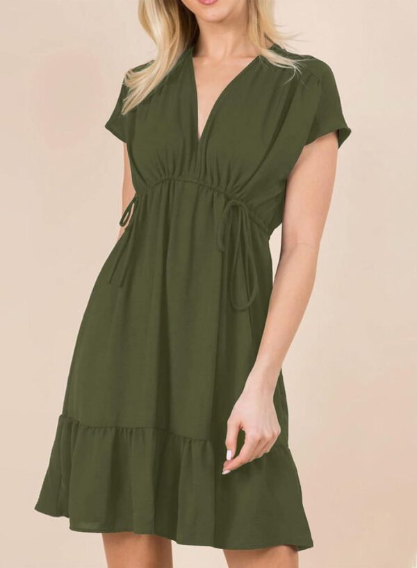 Dokotoo Womens Summer Dresses 2024 Short Sleeve V Neck Drawstring Casual Ruffle A-Line Swing Mini Babydoll Dress - Image 3