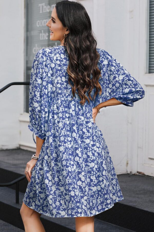Dokotoo Womens Summer Dresses 2024 Boho Floral Drawstring V Neck Chiffon Lantern Sleeve Casual Beach Mini Dress Sundress - Image 4