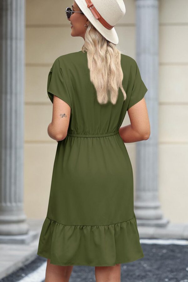 Dokotoo Womens Summer Dresses 2024 Short Sleeve V Neck Drawstring Casual Ruffle A-Line Swing Mini Babydoll Dress - Image 7
