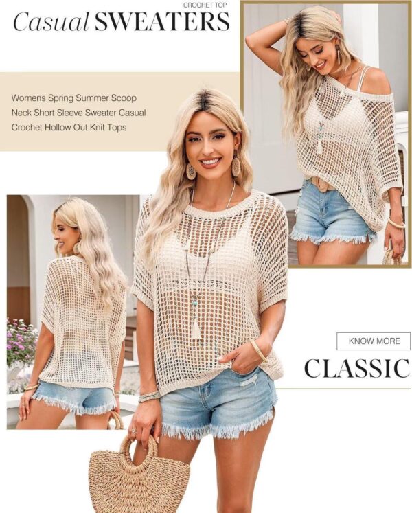 Dokotoo Womens Summer Scoop Neck Short Sleeve Sweater Casual Crochet Hollow Out Knit Tops Pullover Shirts Beach Coverup - Image 4