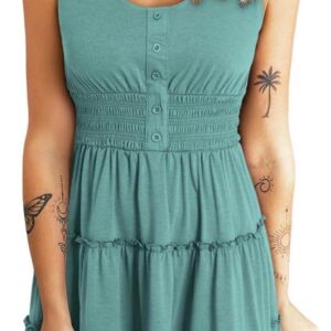 Dokotoo Womens Summer Dresses 2024 Sleeveless Button Down Smocked Elastic Waist Ruffle Tiered Casual Swing Mini Dress