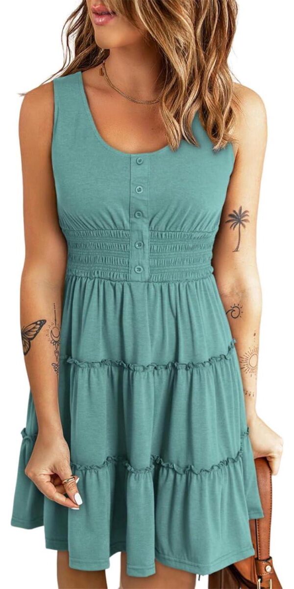 Dokotoo Womens Summer Dresses 2024 Sleeveless Button Down Smocked Elastic Waist Ruffle Tiered Casual Swing Mini Dress