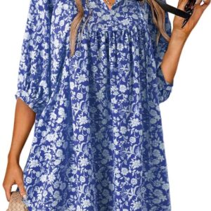 Dokotoo Womens Summer Dresses 2024 Boho Floral Drawstring V Neck Chiffon Lantern Sleeve Casual Beach Mini Dress Sundress