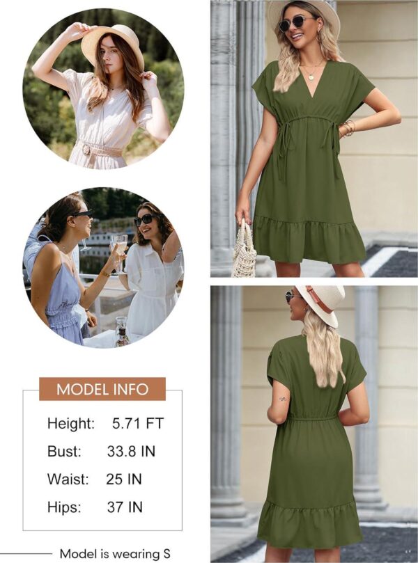 Dokotoo Womens Summer Dresses 2024 Short Sleeve V Neck Drawstring Casual Ruffle A-Line Swing Mini Babydoll Dress - Image 5