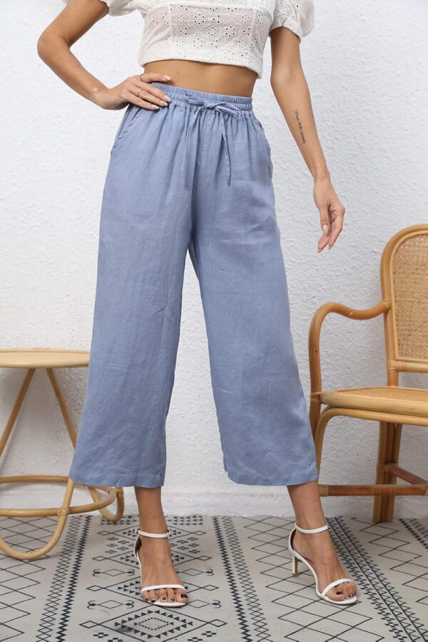 ECUPPER Womens Casual Loose Linen Elastic Wasit Ankle Pants Plus Size Cropped Trousers - Image 2