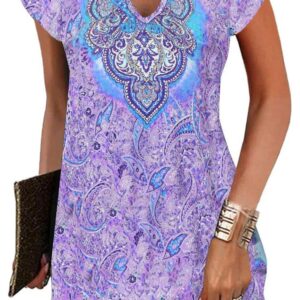 ETCYY NEW 2024 Petal Short Sleeve Summer Dresses for Women Boho Floral Print Sundresses Swing Beach Dress