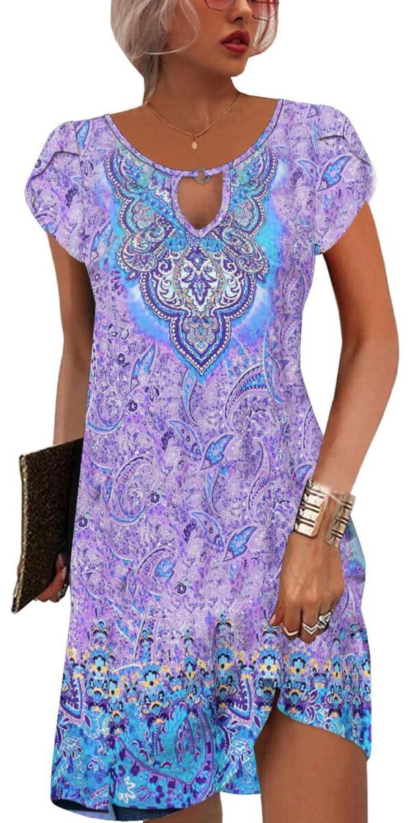 ETCYY NEW 2024 Petal Short Sleeve Summer Dresses for Women Boho Floral Print Sundresses Swing Beach Dress