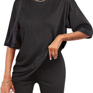 Ekouaer Pajamas 2 Piece Lounge Sets Ribbed Knit Matching Outfits T-shirt Biker Shorts Sleepwear Loungewear Sweatsuits
