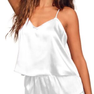 Ekouaer Satin Pajama Set for Women Silk Pjs for Women Set Camisole Top and Shorts with Ruffle Sleepwear