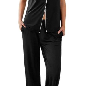 Ekouaer Women Pajamas Set Button Down Sleepwear Short Sleeve Nightwear with Long Pants Soft Pjs Set S-XXL
