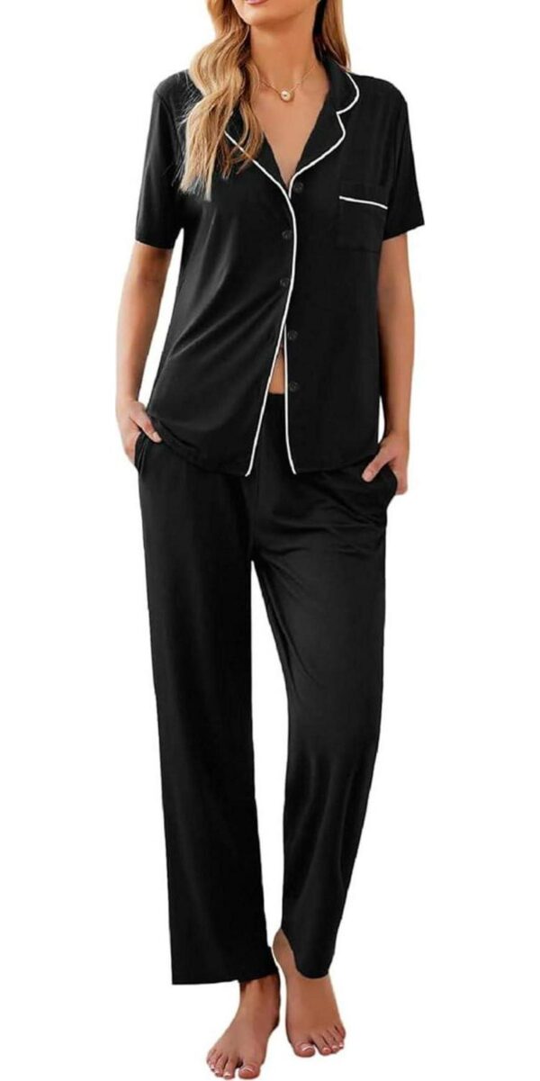 Ekouaer Women Pajamas Set Button Down Sleepwear Short Sleeve Nightwear with Long Pants Soft Pjs Set S-XXL