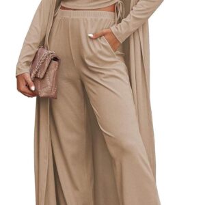 Ekouaer Women's 3 Piece Knit Lounge Set Pajama Long Sleeve Cardigan Sleeveless Top Pants Sweatsuit S-XXL