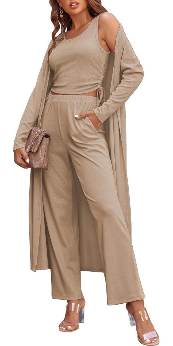 Ekouaer Women's 3 Piece Knit Lounge Set Pajama Long Sleeve Cardigan Sleeveless Top Pants Sweatsuit S-XXL