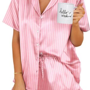 Ekouaer Womens Satin Pajamas Set Button Down 2 Piece Silk Pjs Shorts Set Ruffle Lingerie Notch Collar Sleepwear S-XXL