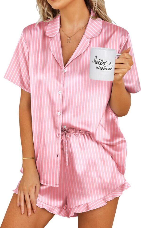 Ekouaer Womens Satin Pajamas Set Button Down 2 Piece Silk Pjs Shorts Set Ruffle Lingerie Notch Collar Sleepwear S-XXL