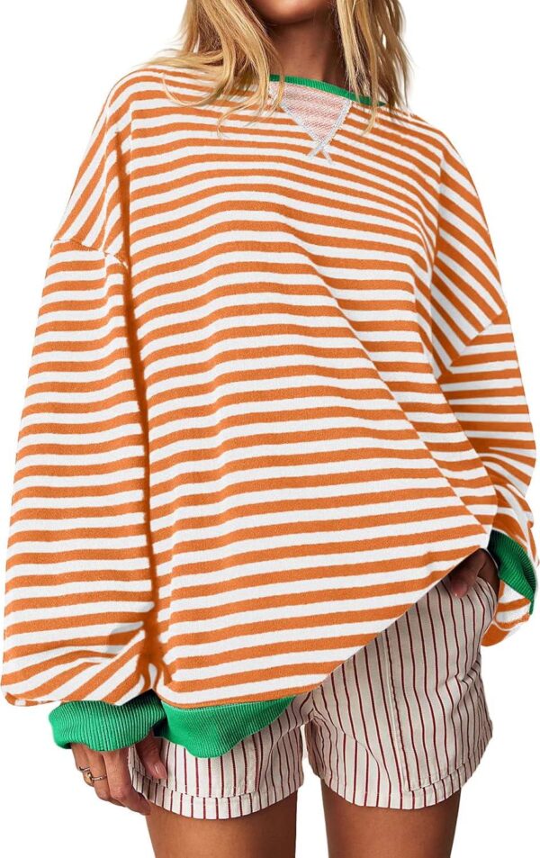 Fisoew Womens Striped Oversized Sweatshirt Color Block Crew Neck Long Sleeve Shirt Casual Loose Pullover Top Y2K Clothes