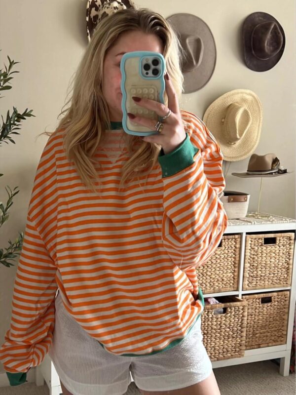 Fisoew Womens Striped Oversized Sweatshirt Color Block Crew Neck Long Sleeve Shirt Casual Loose Pullover Top Y2K Clothes - Image 5