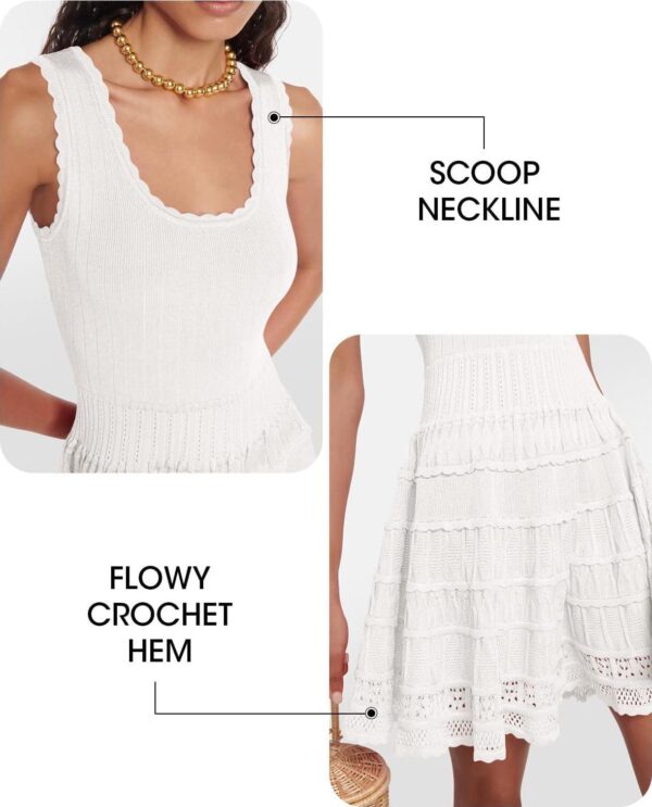 Fisoew Womens Summer Mini Dresses Casual Crewneck Knitted Crochet Hem Flowy Tank Sundress - Image 6