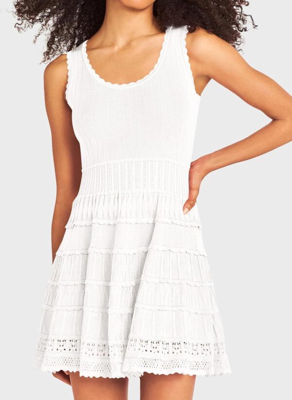 Fisoew Womens Summer Mini Dresses Casual Crewneck Knitted Crochet Hem Flowy Tank Sundress - Image 2