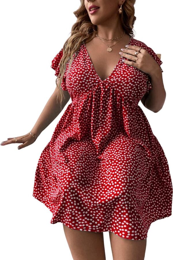 Floerns Women's Plus Size Floral V Neck Ruffle Sleeve Short Summer Dress - Image 3