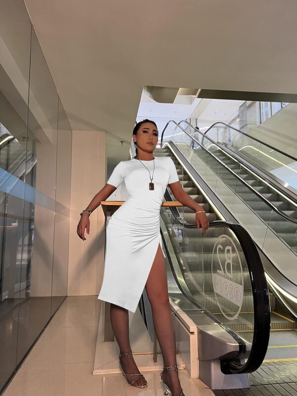 GOKATOSAU Women's Sexy Bodycon Short Sleeve Slit Ruched Summer Club Party Midi Dress - Image 7