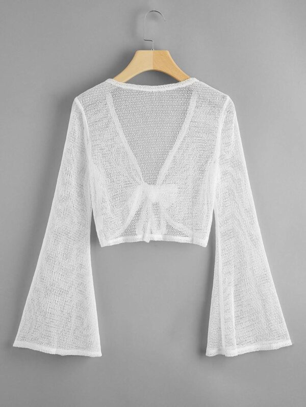 GORGLITTER Women's Crochet Knit Tie Front Tops Bell Long Sleeve Lightweight Crop Cardigan - Image 2