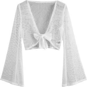 GORGLITTER Women's Crochet Knit Tie Front Tops Bell Long Sleeve Lightweight Crop Cardigan