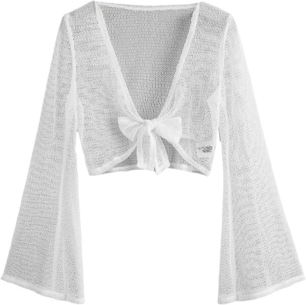 GORGLITTER Women's Crochet Knit Tie Front Tops Bell Long Sleeve Lightweight Crop Cardigan