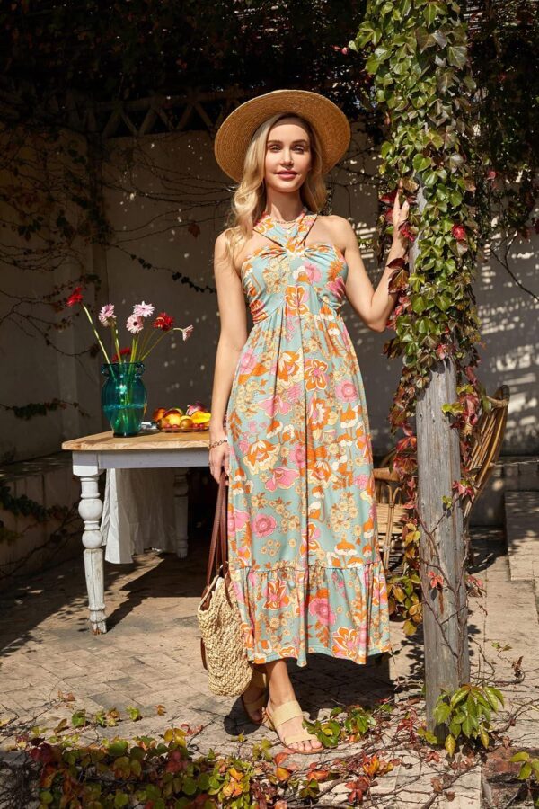 GRACE KARIN 2024 Women's Criss Cross Halterneck Sleeveless Summer Floral Print Flowy A Line Maxi Dress - Image 5