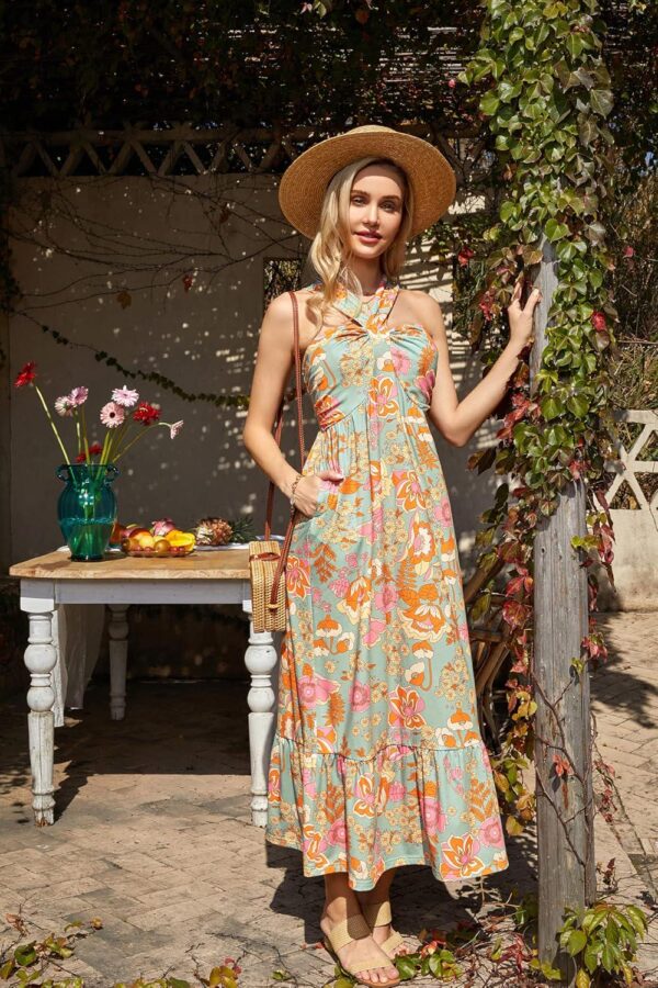 GRACE KARIN 2024 Women's Criss Cross Halterneck Sleeveless Summer Floral Print Flowy A Line Maxi Dress - Image 4