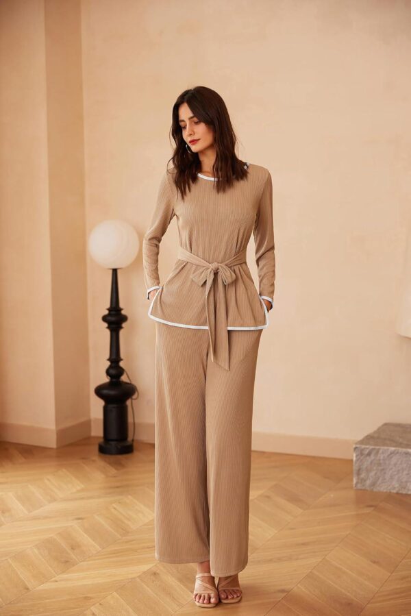 GRACE KARIN 2 Piece Sets for Women Ribbed Tie Front Top and Wide Leg Pants Contrast Color Lounge Matching Sets Tracksuits - Image 6