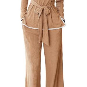 GRACE KARIN 2 Piece Sets for Women Ribbed Tie Front Top and Wide Leg Pants Contrast Color Lounge Matching Sets Tracksuits