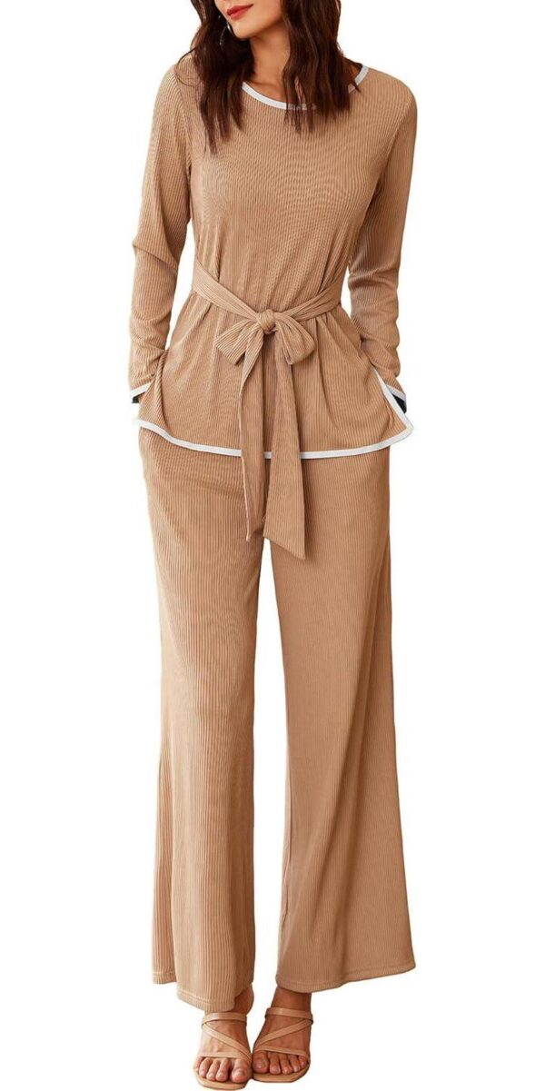 GRACE KARIN 2 Piece Sets for Women Ribbed Tie Front Top and Wide Leg Pants Contrast Color Lounge Matching Sets Tracksuits