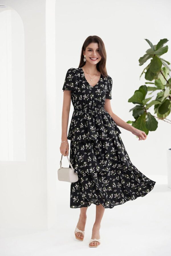 GRACE KARIN Women's 2024 Summer Floral Midi Dresses Casual Flutter Short Sleeve Tiered Flowy A Line Cocktail Dress - Image 2
