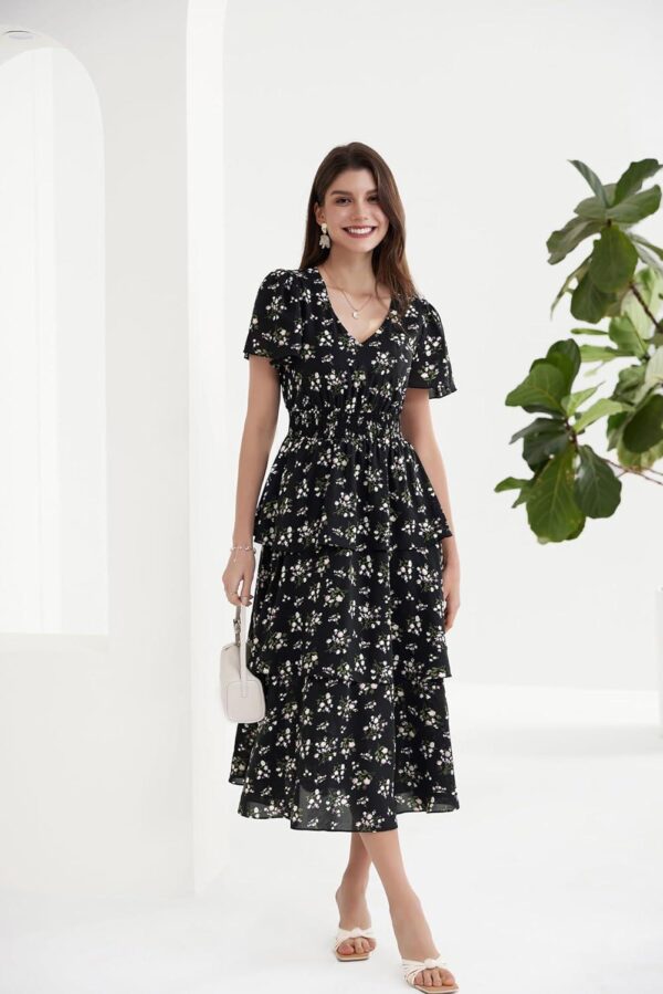 GRACE KARIN Women's 2024 Summer Floral Midi Dresses Casual Flutter Short Sleeve Tiered Flowy A Line Cocktail Dress - Image 3