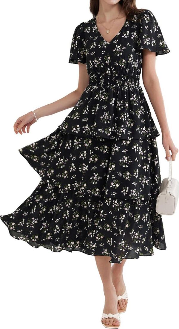 GRACE KARIN Women's 2024 Summer Floral Midi Dresses Casual Flutter Short Sleeve Tiered Flowy A Line Cocktail Dress