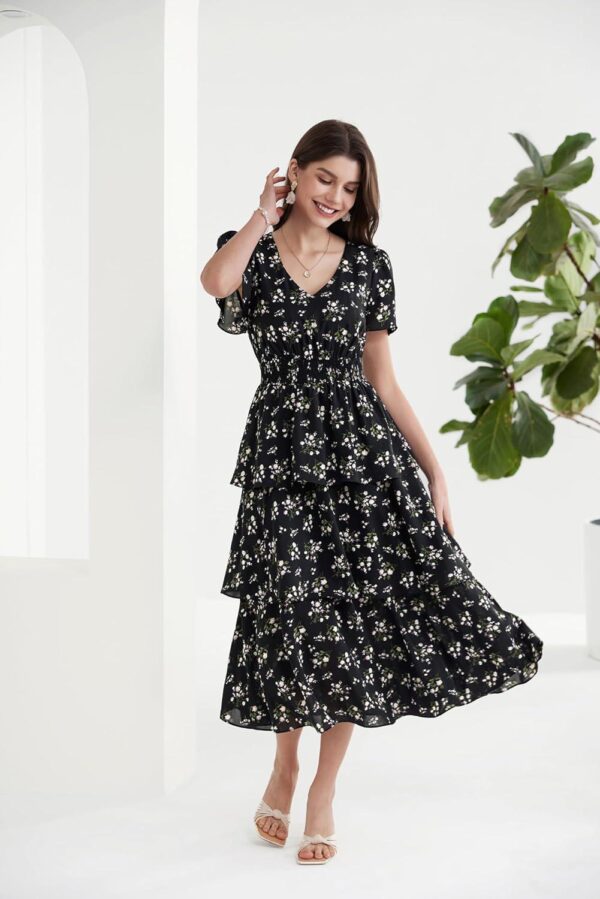 GRACE KARIN Women's 2024 Summer Floral Midi Dresses Casual Flutter Short Sleeve Tiered Flowy A Line Cocktail Dress - Image 5