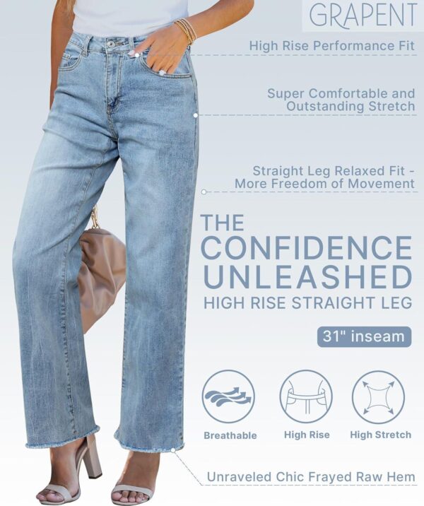 GRAPENT Straight Leg Jeans for Women High Waisted Stretchy Frayed Raw Hem Loose Denim Pants Casual Baggy Jean Trousers - Image 5