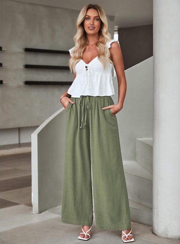 GRAPENT Wide Leg Pants Woman Linen High Waisted Pull On Flowy Casual Baggy Drawstring Palazzo Trousers Pants Resort Wear - Image 7